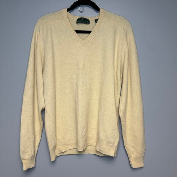 Embassy Row 100% Cashmere Buttery Yellow Preppy Academia Dad Sweater Mens Sz L - Picture 1 of 4